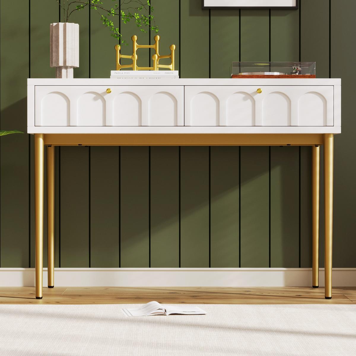 SCHMINKTISCH Cremeweiß und Golden 100/76,5/45 cm - Beige, Holzwerkstoff/Metall (100/76/45cm) - Urban Meuble
