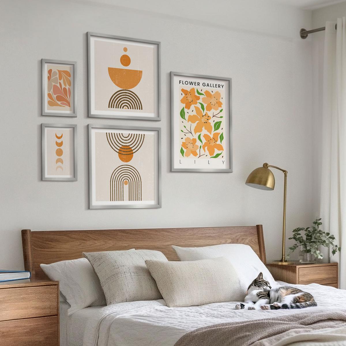 BILDER SET 5er Set - 50x50 cm & 20x30 cm & 40x60 cm Silberner Rahmen - Abstrakte orange Formen - Silberfarben, Kunststoff (40/60cm) - TULUP
