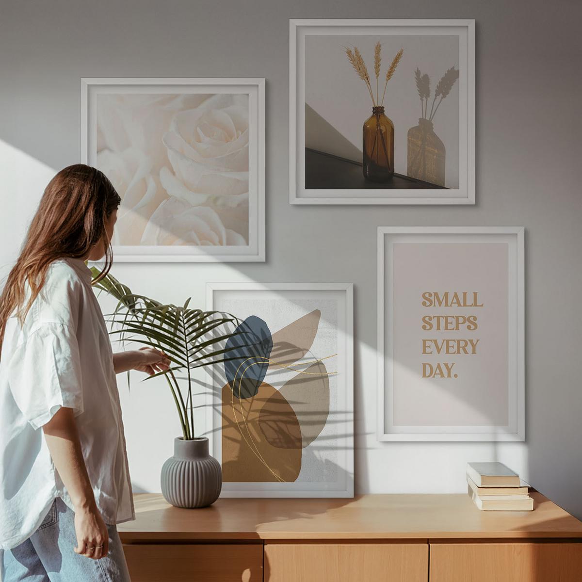 BILDER SET 4er Set - 50x50 cm & 40x60 cm Weißer Rahmen - Abstrakte Formen Akzente - Weiß, Kunststoff (50/50cm) - TULUP