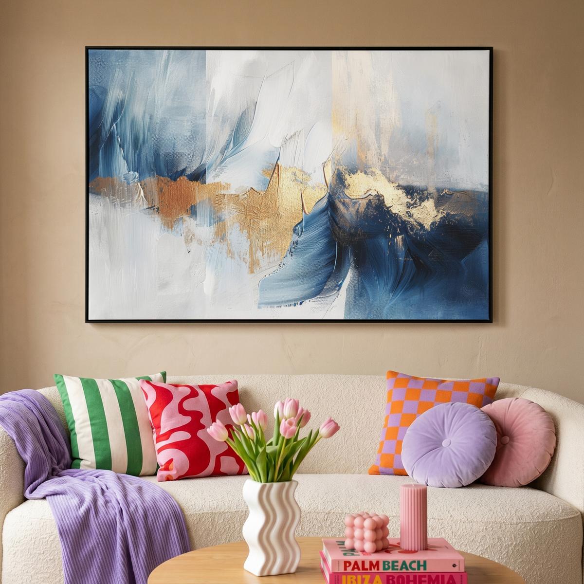 LEINWAND Bilder mit Rahmen - Gold - Blau - Aquarell - Kunst - Modern - 140x90 - Hellblau, Textil (140/90cm) - MuchoWow