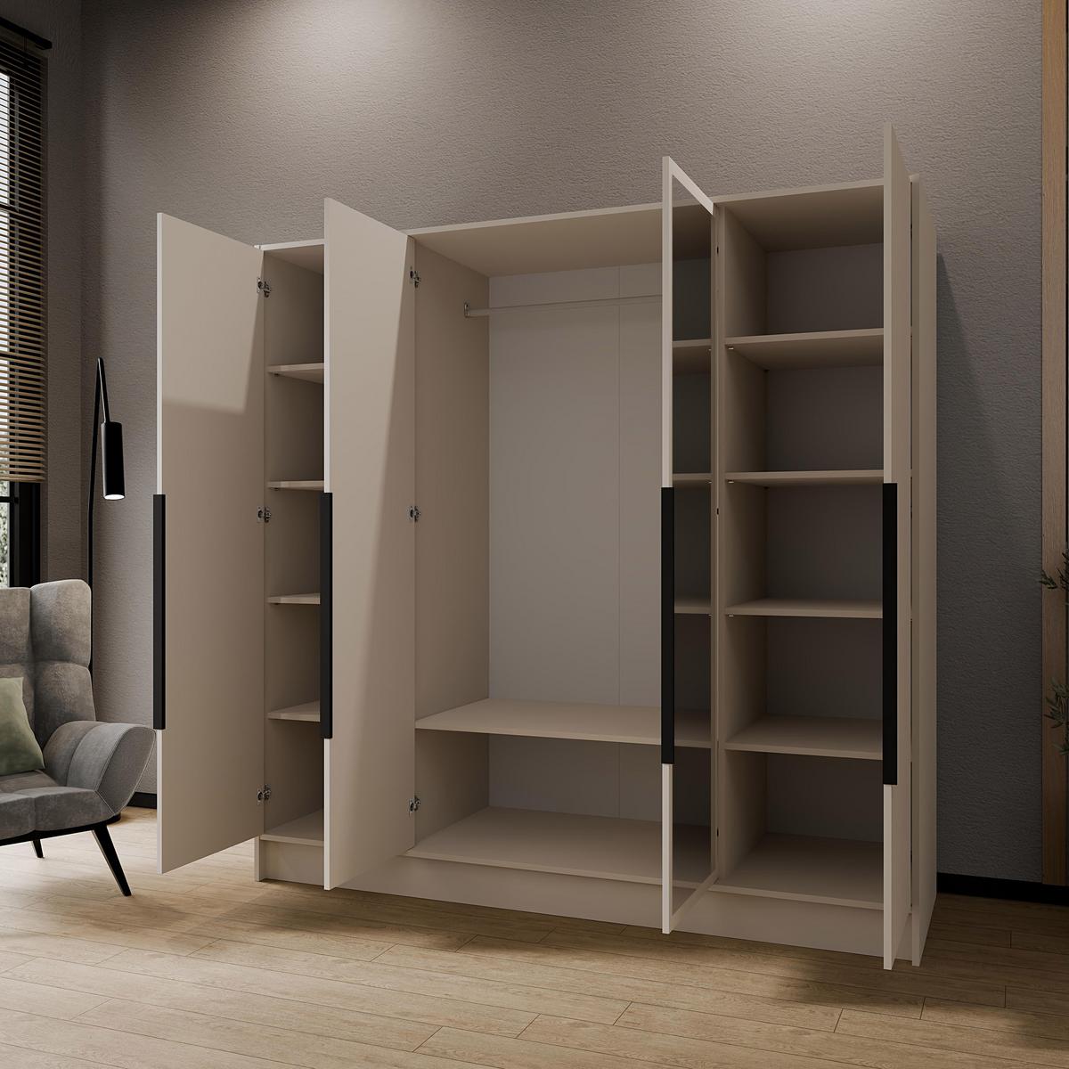 DREHTÜRENSCHRANK Laro mit Spiegel, Kaschmir mit mit schwarzen Griffen, 200 cm - Kaschmir, Holzwerkstoff (200/200/51cm) - Beautysofa