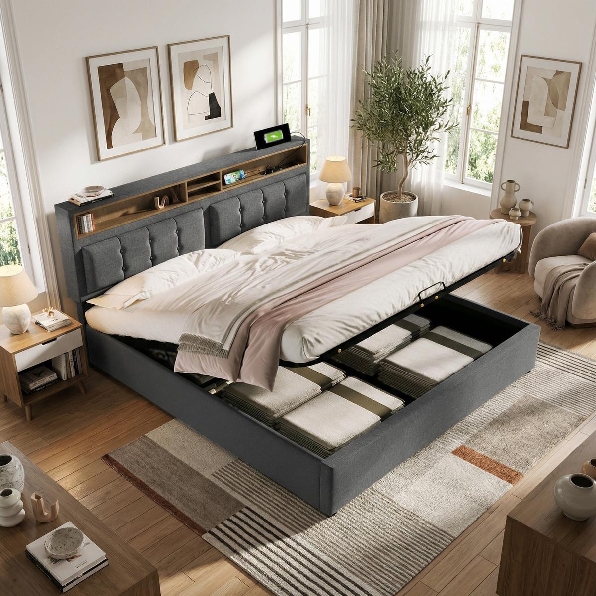 POLSTERBETT Grau 160x200cm mit Stauraum & USB-Anschluss - Grau, Holzwerkstoff/Textil (160/200cm) - Urban Meuble