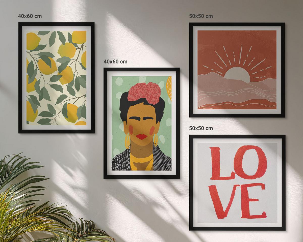 BILDER SET 4er Set - 50x50 cm & 40x60 cm Schwarzer Rahmen - Zitronen Inschrift Liebeslandschaft Frida - Schwarz, Kunststoff (50/50cm) - TULUP