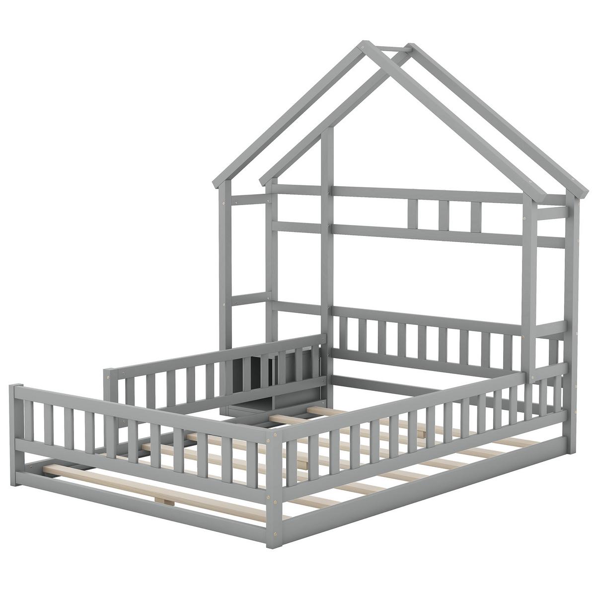 KINDERBETT 140x200 cm Hausbett Grau – Massivholz Bett mit Geländer & Nachttisch - Grau, Holz - Urban Meuble