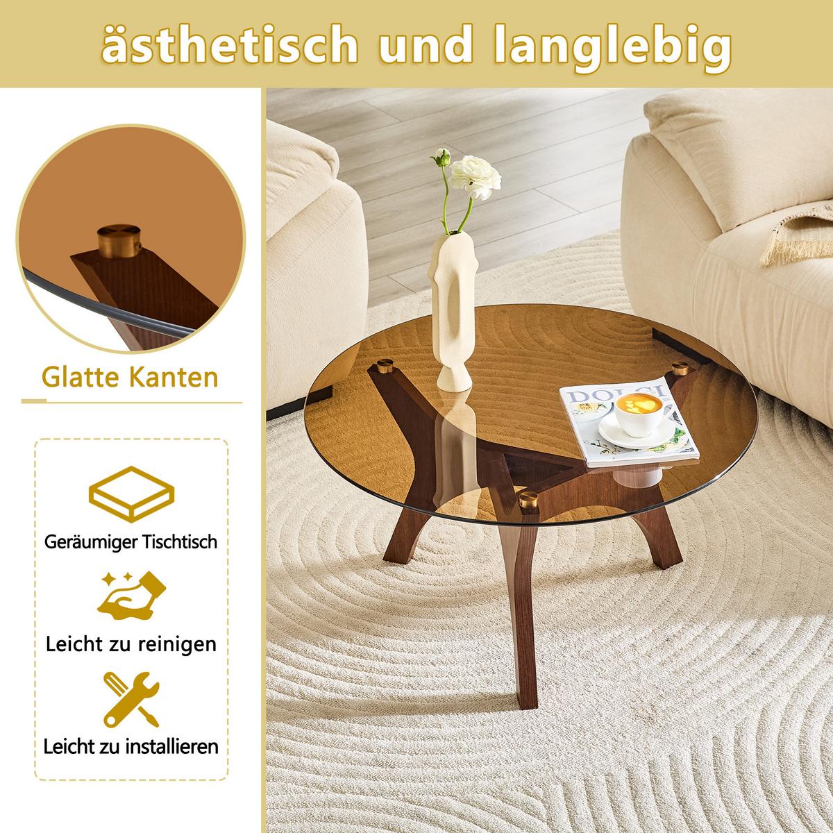COUCHTISCH rund (Ø 80cm) aus Walnuss-Holz und bernsteinfarbenem Glas - Walnussfarben, Glas (80/80/42.2cm) - Urban Meuble