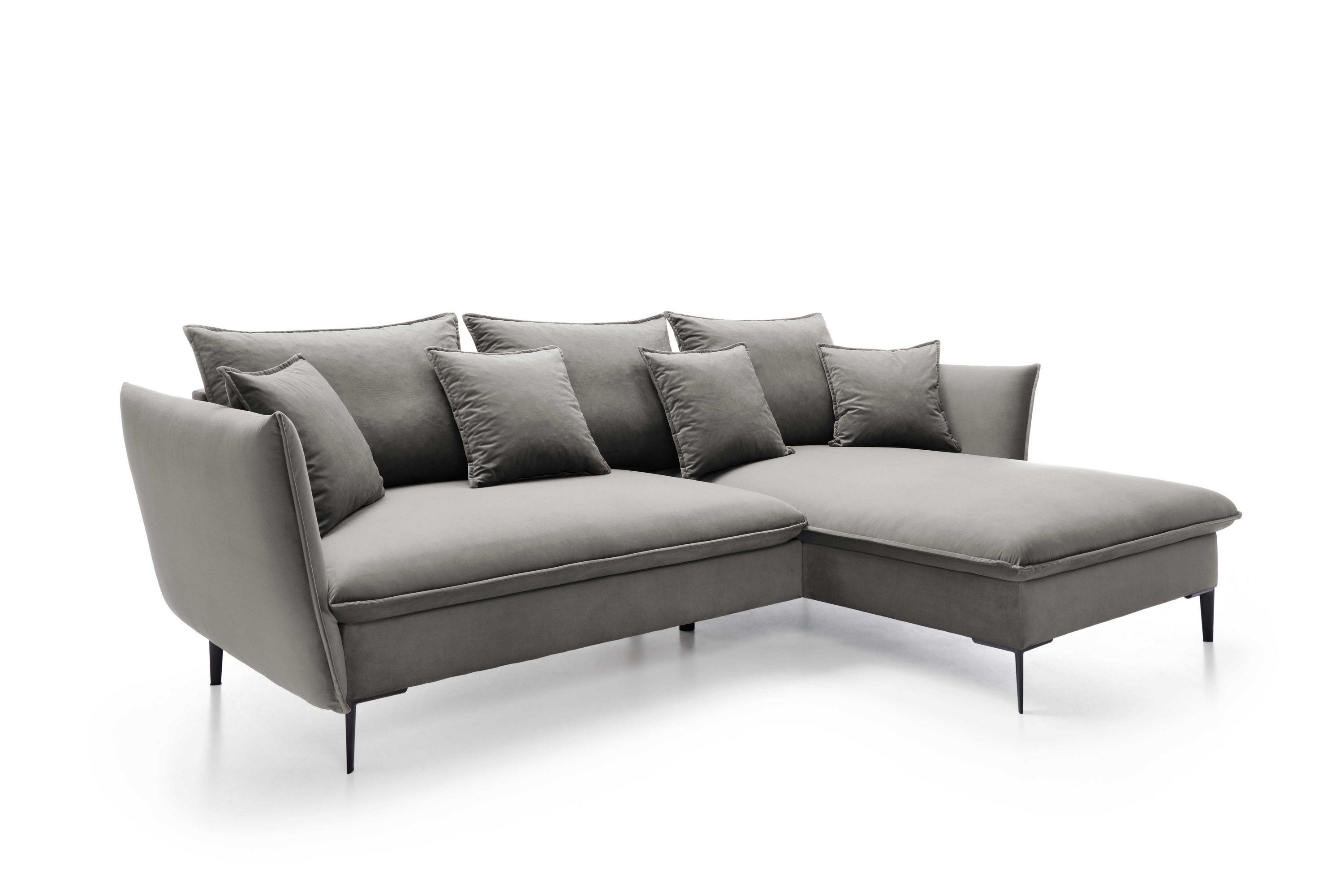 ECKSOFA SOLE Grau Plüsch-Stoff mit Schlaffunktion - Grau, Holz (258/167cm) - MASSENO
