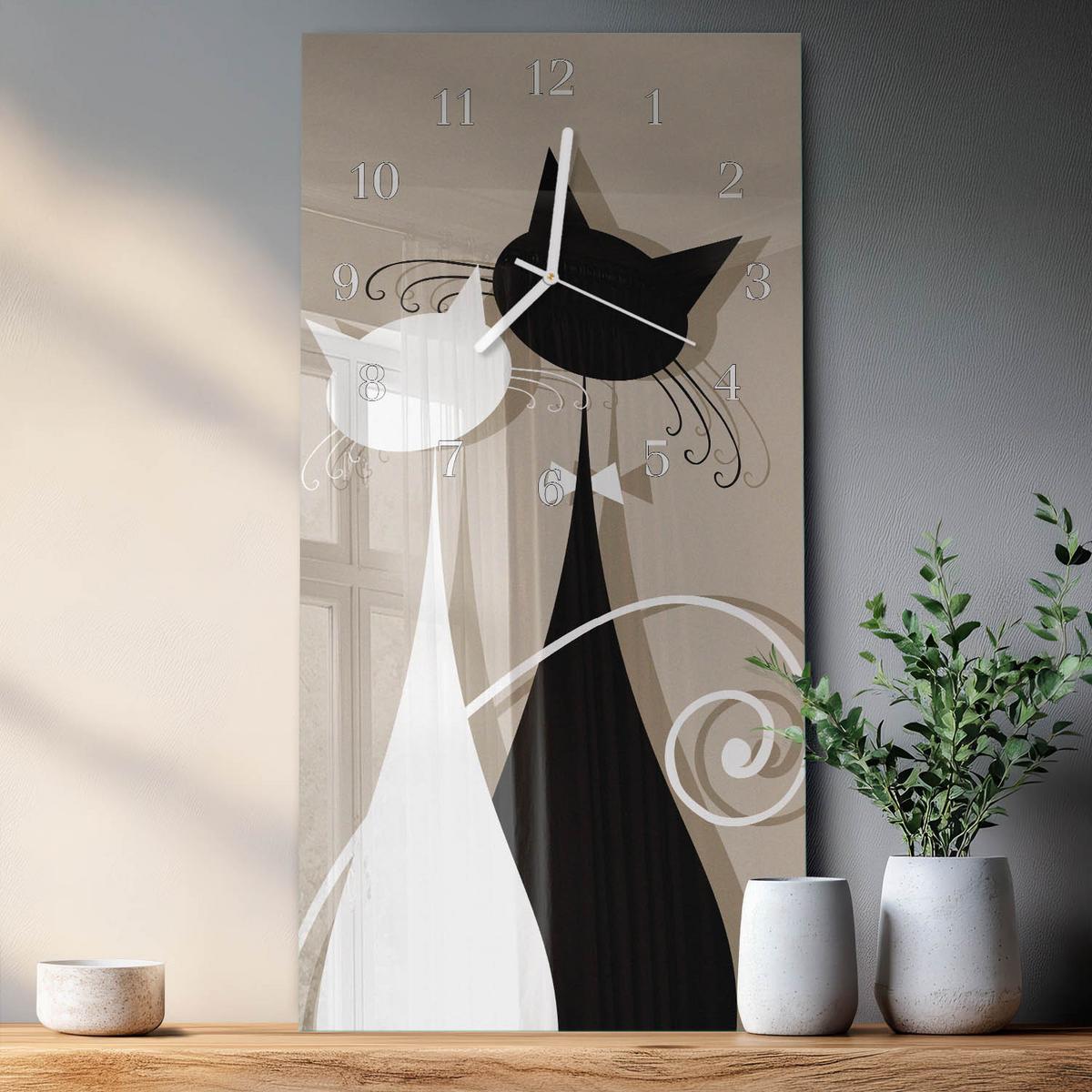 WANDUHR aus Glas 30x60 cm - Katzen - Beige, Glas (30/60/0.4cm) - TULUP