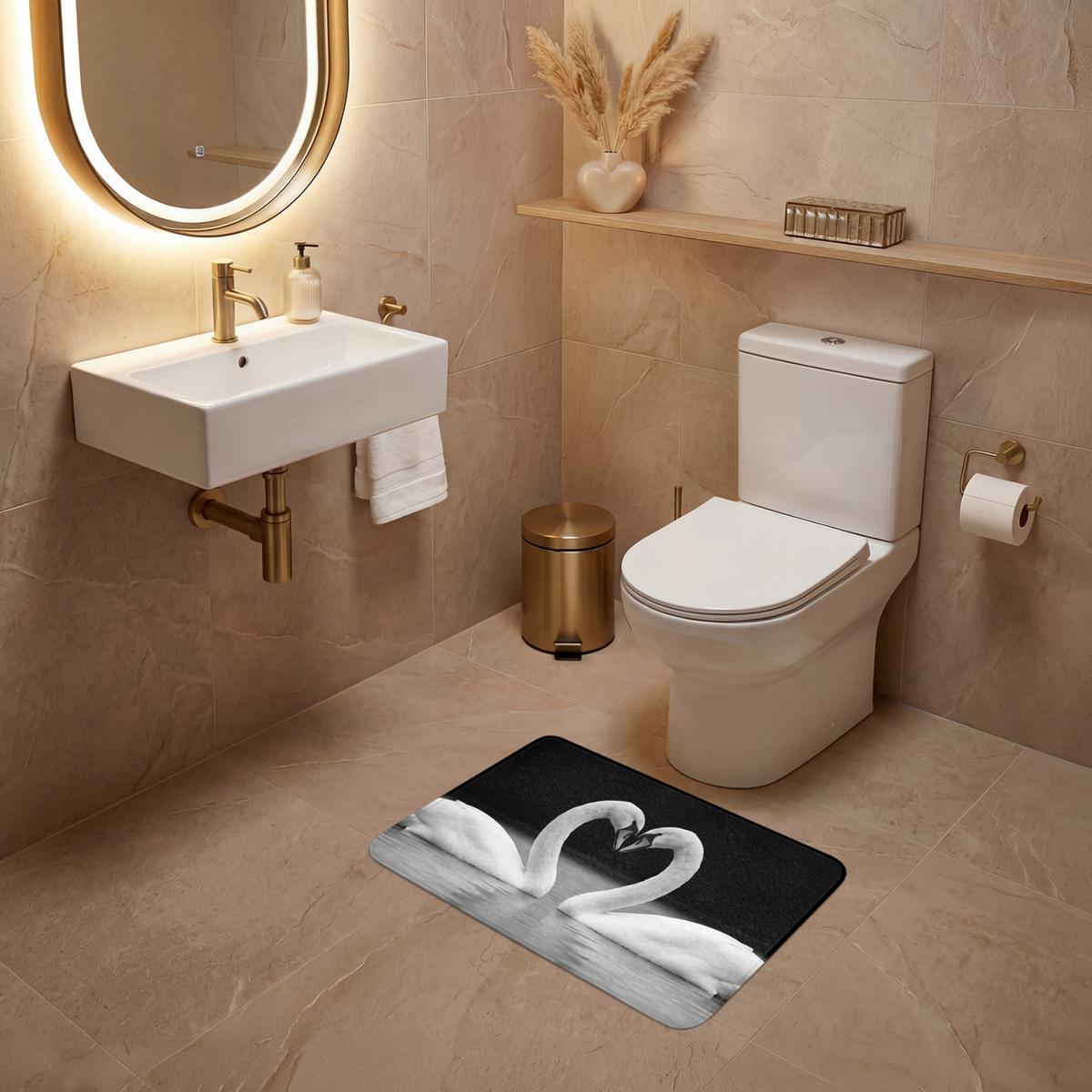 WC-VORLEGER Schwäne - Herz - Schwarz - Weiß Toilettenvorleger 60x40 cm - Schwarz, Textil (60/1cm) - OnlyWow