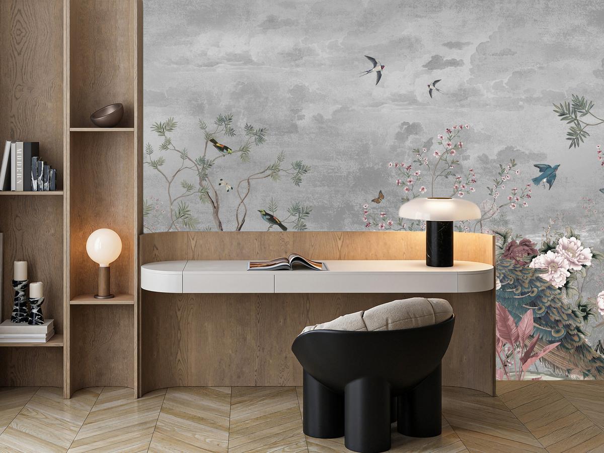 FOTOTAPETE für Büro Pfauen Vögel Pflanzen Bäume Tropische Blumen 300x210 - Multicolor, Papier (300/210cm) - Muralo