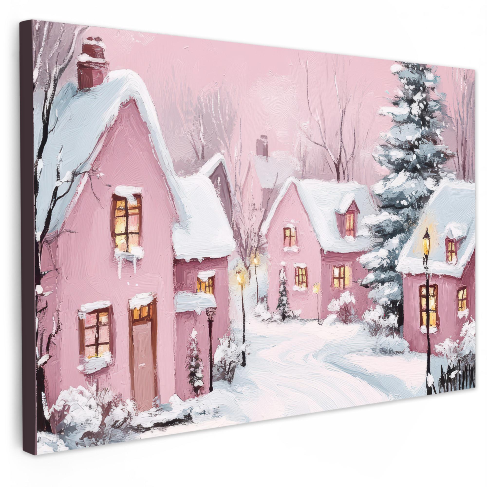 LEINWANDBILD Weihnachtsdorf - Rosa - Winter - Schnee - Häuser Gemälde 60x40 cm - Altrosa, Textil (60/40cm) - MuchoWow