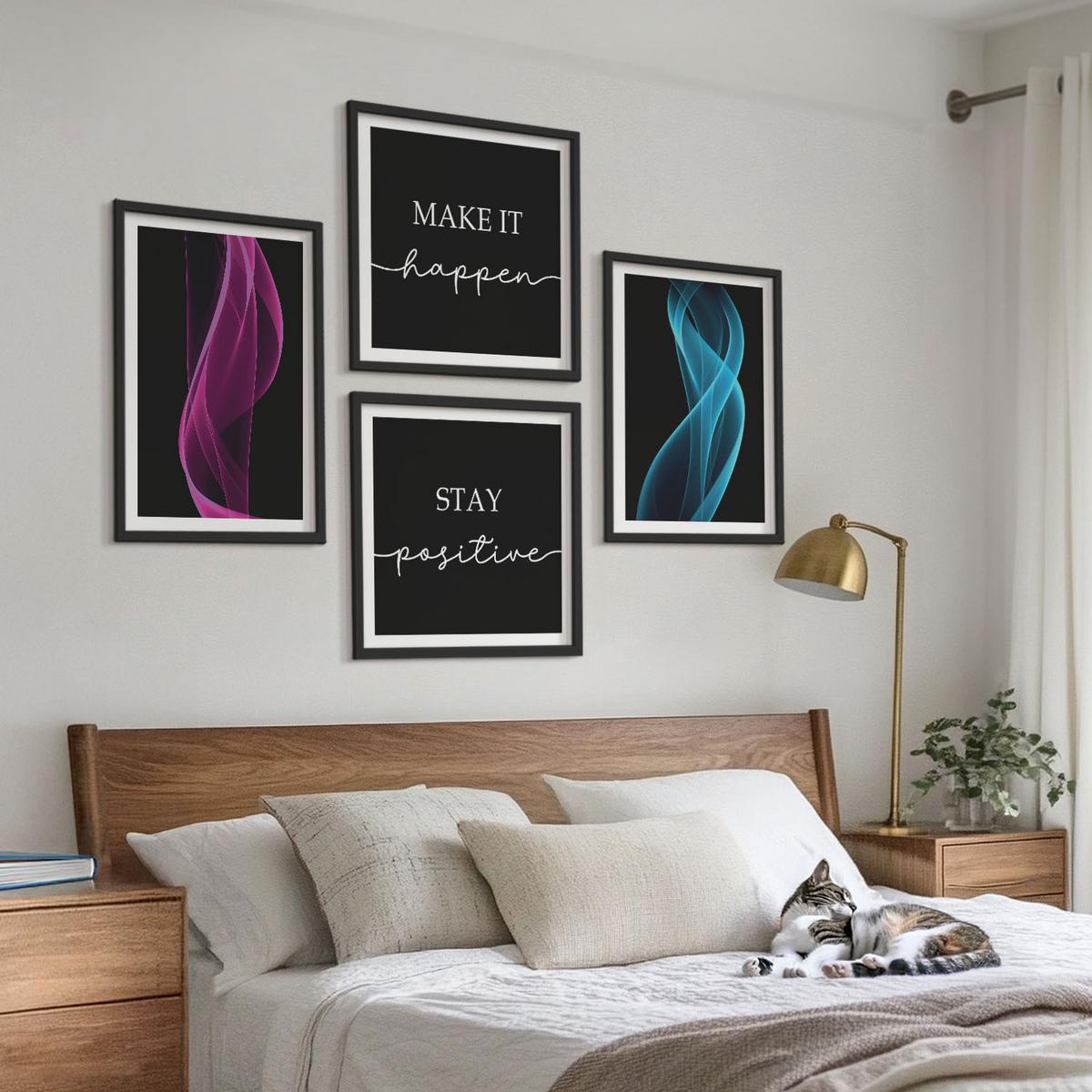 BILDER SET 4er Set - 50x50 cm & 40x60 cm Schwarzer Rahmen - Neonlinienwellen im Hintergrund - Schwarz, Kunststoff (50/50cm) - TULUP
