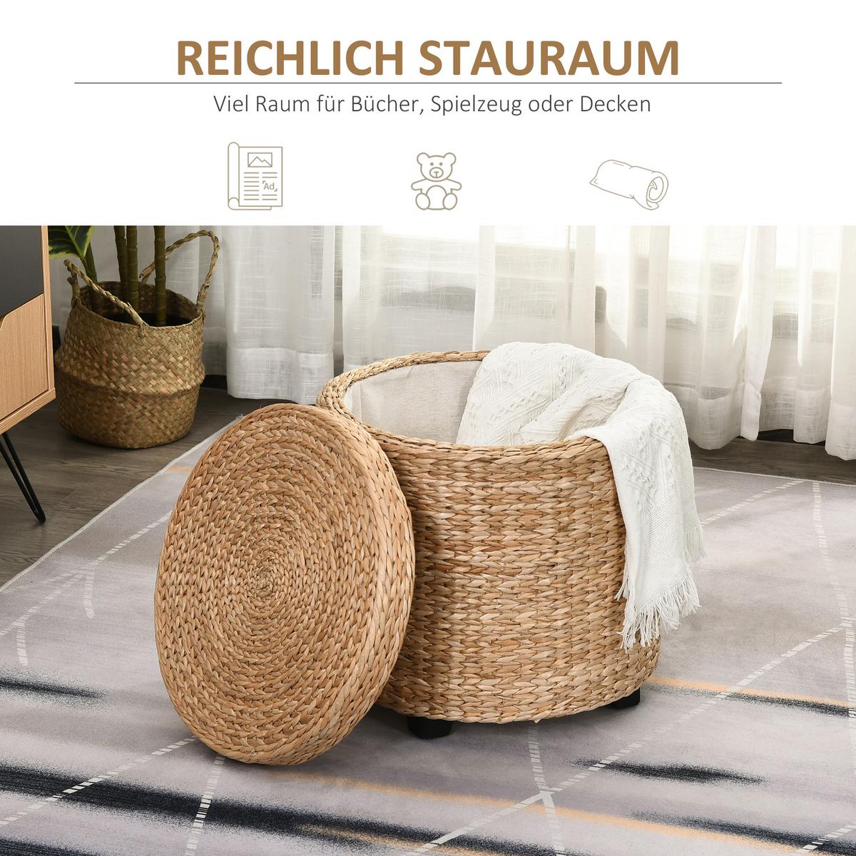 SITZHOCKER mit Stauraum Fußhocker Aufbewahrungsbox Stroh Rattan Khaki - Beige/Schwarz, Holz/Papier (43/43/43cm) - HOMCOM