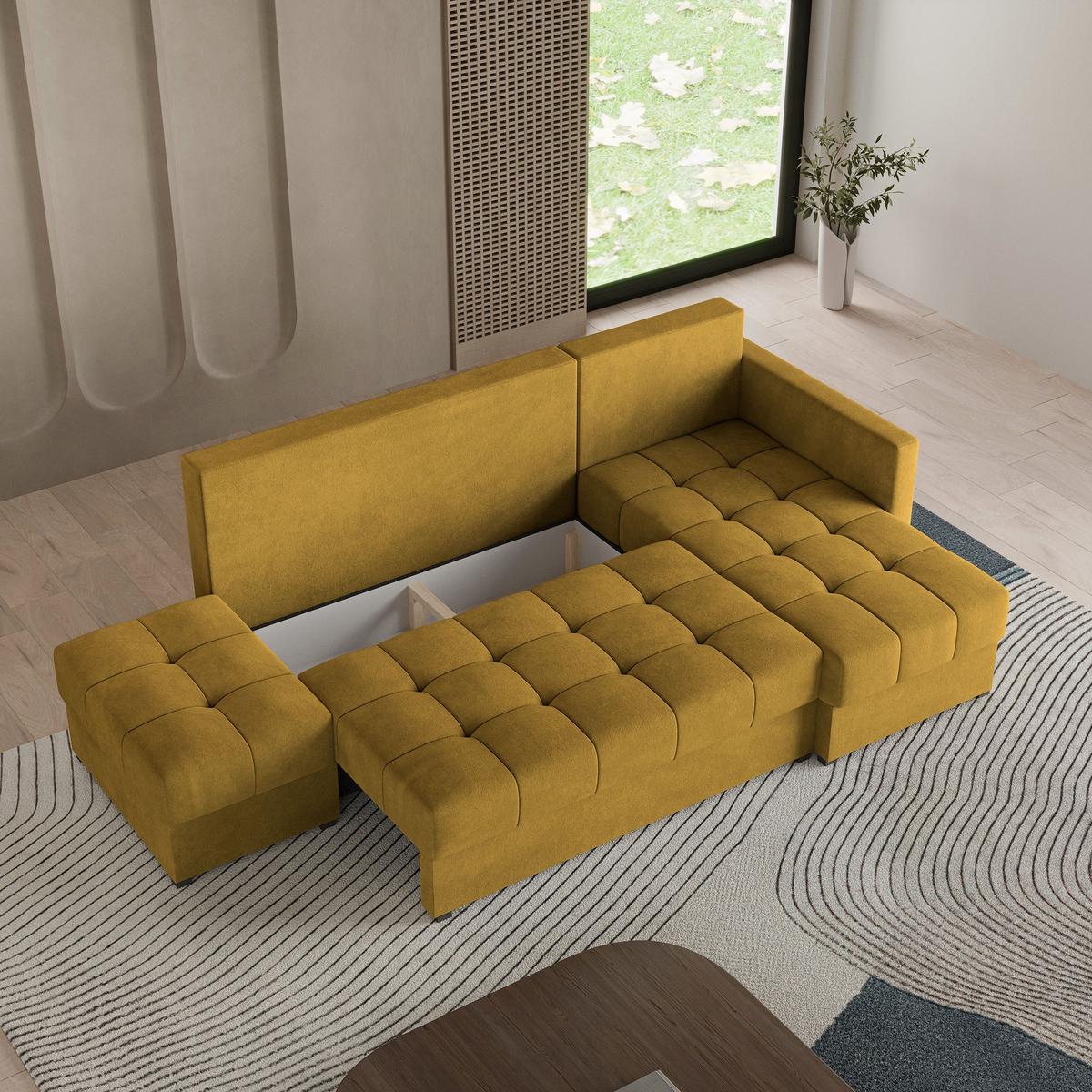 ECKSOFA LUMARI R-S Gelb Plüsch-Stoff mit Schlaffunktion - Gelb, Holz (262/143cm) - MASSENO