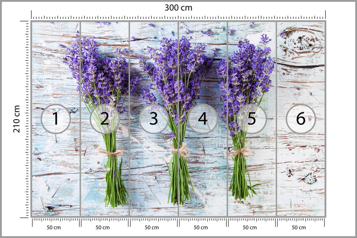 FOTOTAPETE für Küche Lavendelblüten Lila Holz Rustikal 300x210 - Violett/Weiß, Papier (300/210cm) - Muralo
