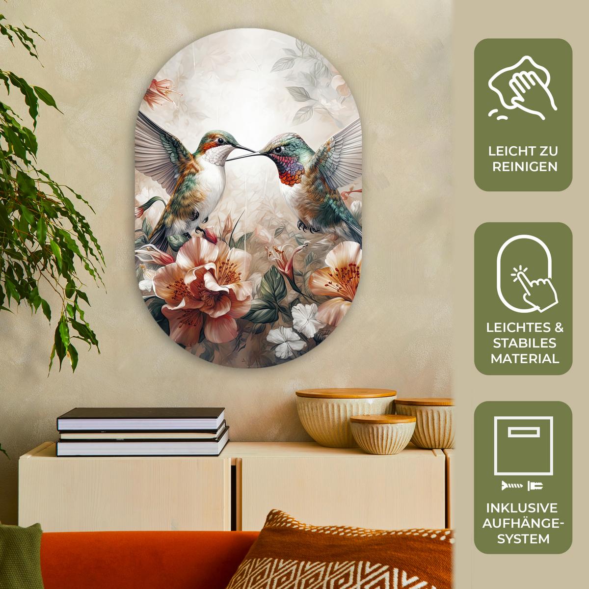 WANDBILD Kolibri - Vögel - Blumen - Natur Wanddeko Schlafzimmer 60x90 cm - Altrosa, Kunststoff (60/90cm) - MuchoWow