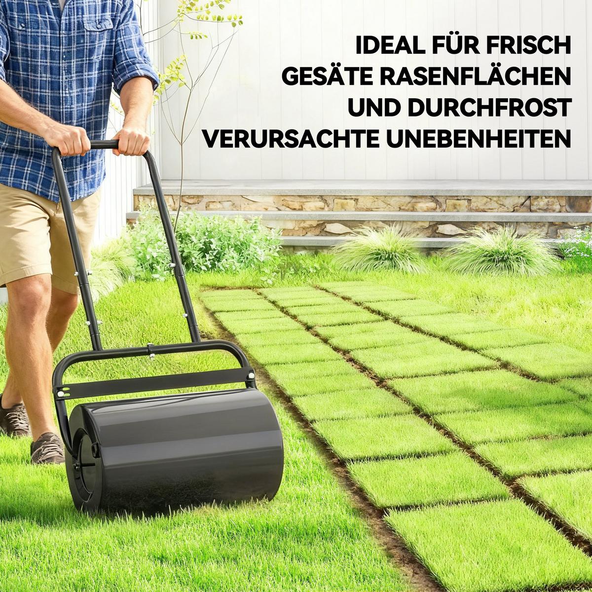 RASENWALZE mit U-Griff Gartenwalze Gartenrolle Wasser-/ Sandfüllung Metall - Schwarz, Metall (32.5/113/58cm) - Outsunny