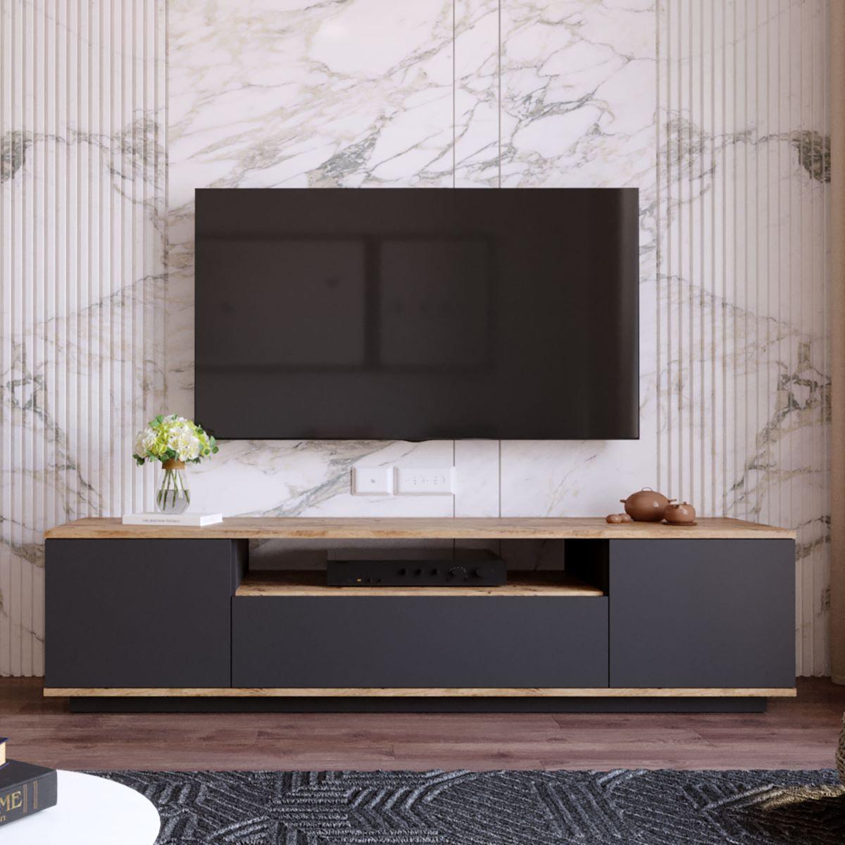 TV-MÖBEL mit 3 Türen - L180 cm - Eiche Artisan/Grau, Holz/Holzwerkstoff (44.5/44.6/180cm) - Calicosy