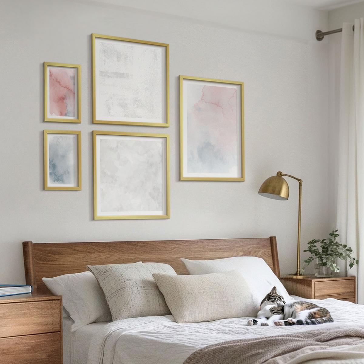BILDER SET 5er Set - 50x50 cm & 20x30 cm & 40x60 cm Goldrahmen - Pastellfarbene Aquarelltexturen - Goldfarben, Kunststoff (40/60cm) - TULUP