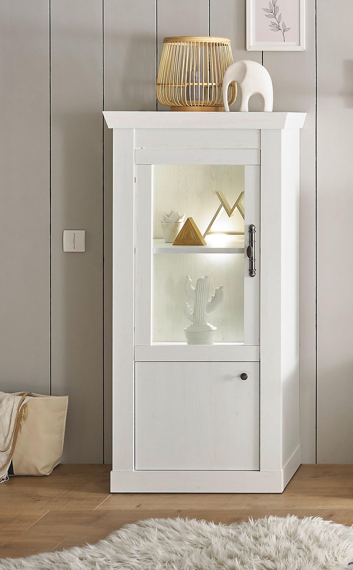 VITRINE weiß Pinie Landhaus, Vitrinenschrank mit Soft-Close und Beleuchtung - Weiß, Holzwerkstoff/Kunststoff (72/146/38cm) - Furn.Design