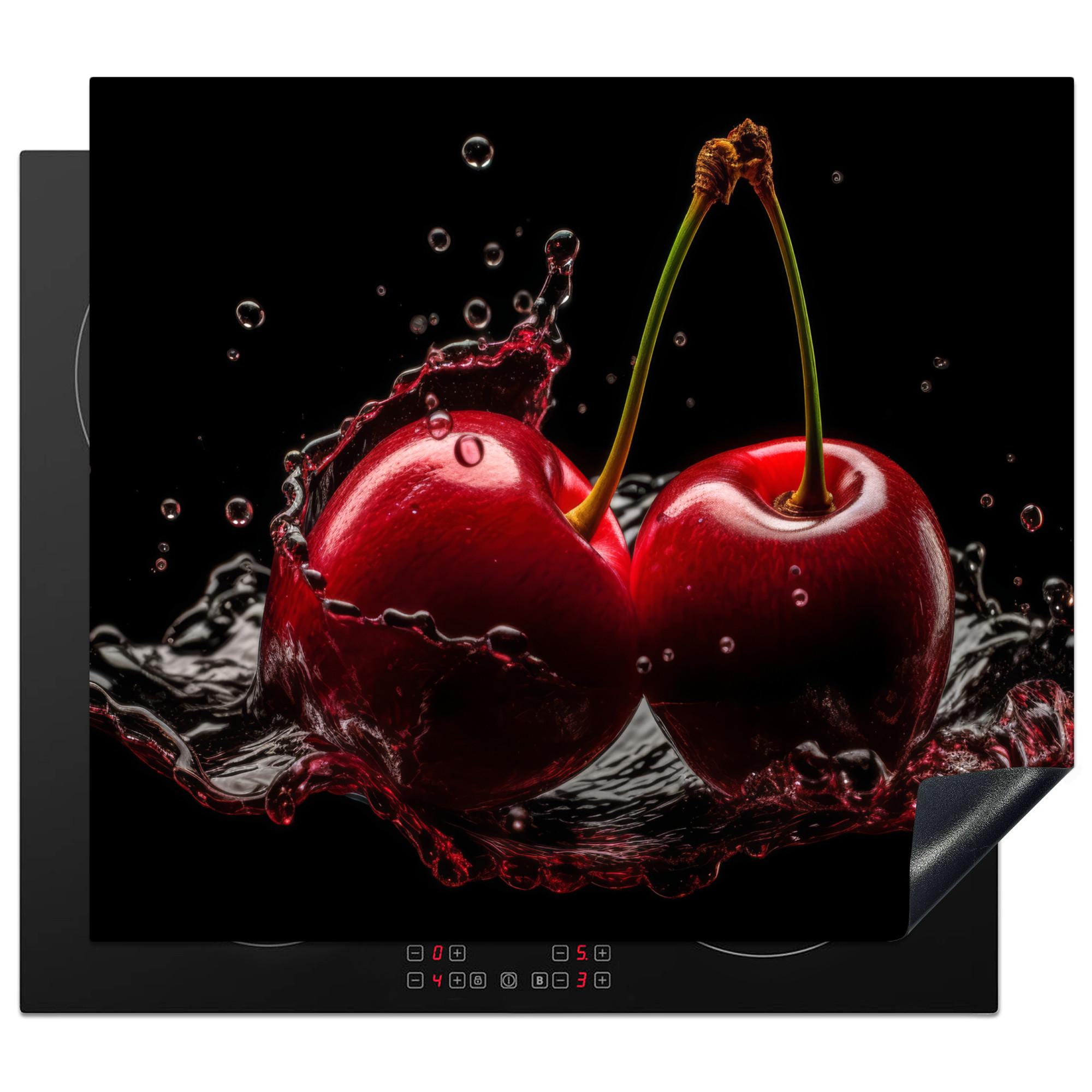 HERDABDECKPLATTE Kirsche - Rot - Frucht - Wasser - Schwarz Abdeckung Ceranfeld 57.6x51.6 cm - Kirschrot, Kunststoff (57.6/51.6/0.2cm) - MuchoWow