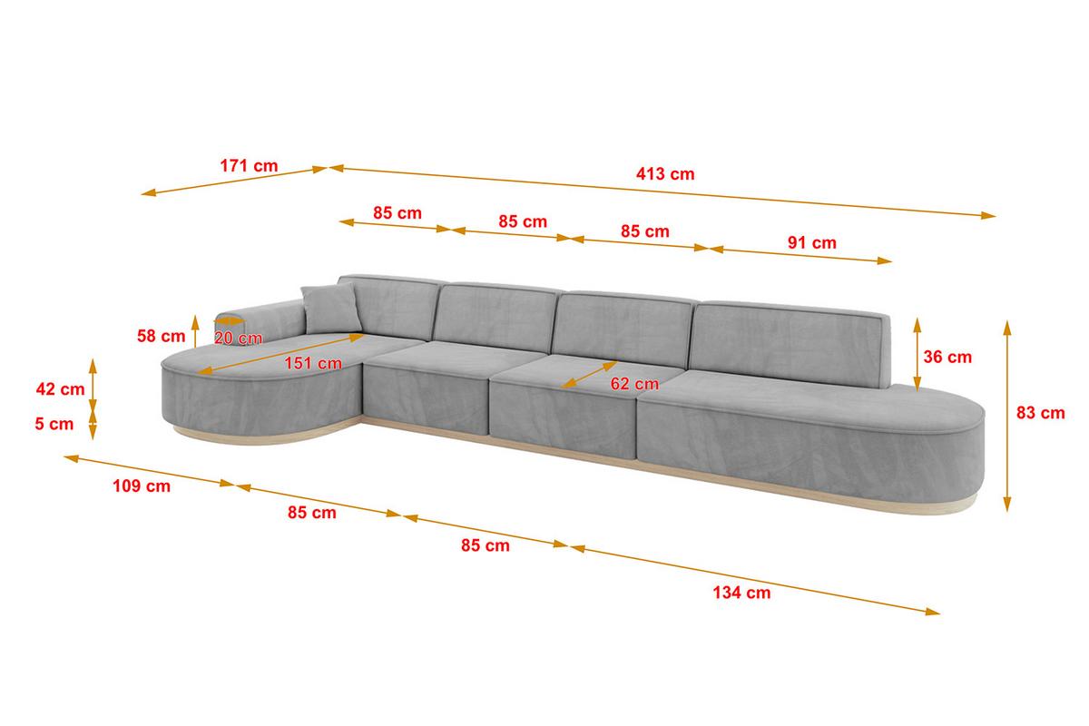 ECKSOFA Ottomane Links MARI-L3-v1 - 413x171x83 cm Grau Velours - Grau, Holzwerkstoff/Textil (413/171cm) - ALTDECOR