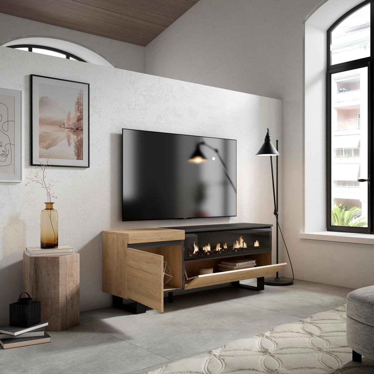 LOWBOARD mit Elektrokamin, Eiche, Schwarz, 150/35/57cm - Naturfarben, Holzwerkstoff (150/57/35cm) - Skraut Home