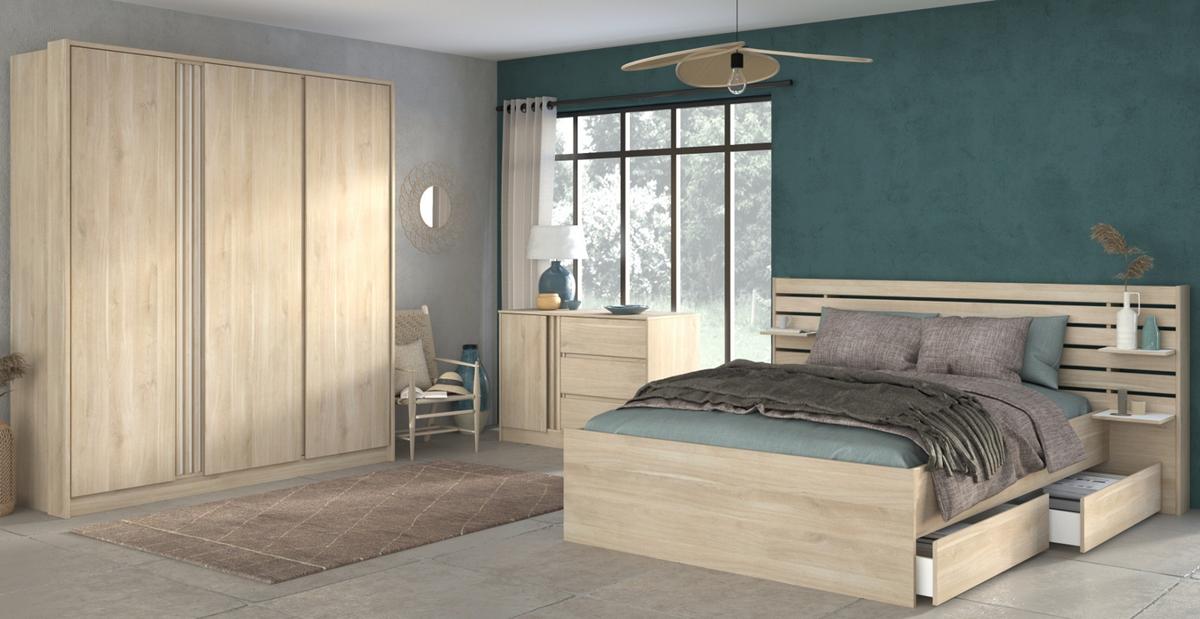 SCHLAFZIMMER komplett Set Stauraumbett 140x200 mit Kleiderschrank - Eichefarben, Holz/Holzwerkstoff (140/203/200cm) - Parisot Meuble