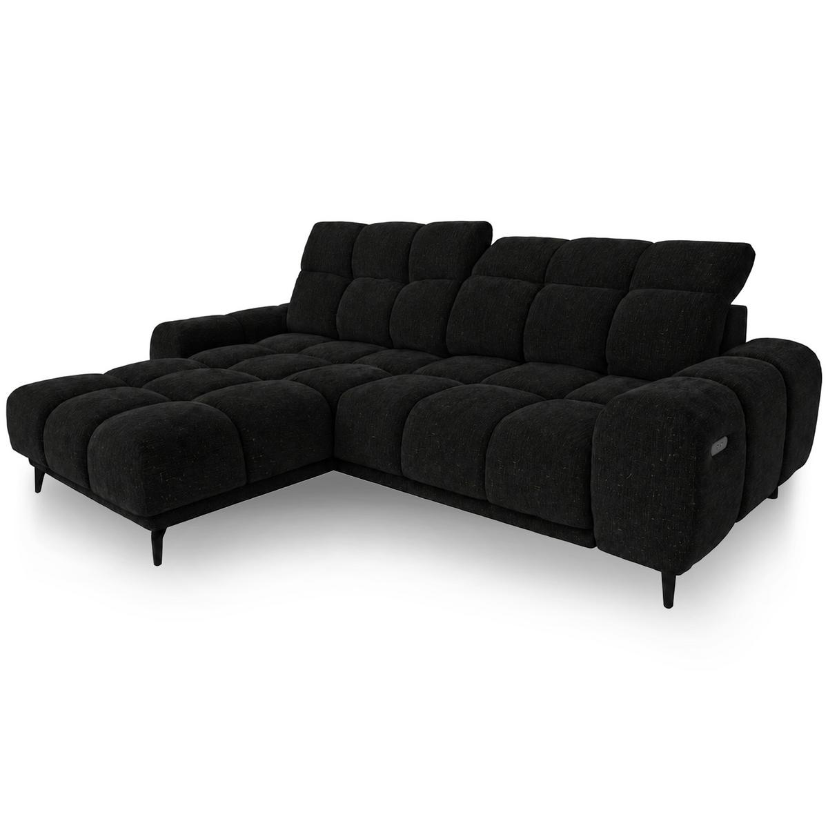 ECKSOFA Marco Mini mit elektrisch ausfahrbarem Sitz und verstellbaren Kopfstützen, Links, Chenille-Stoff, Schwarz - Schwarz, Textil (275/182cm) - Beautysofa