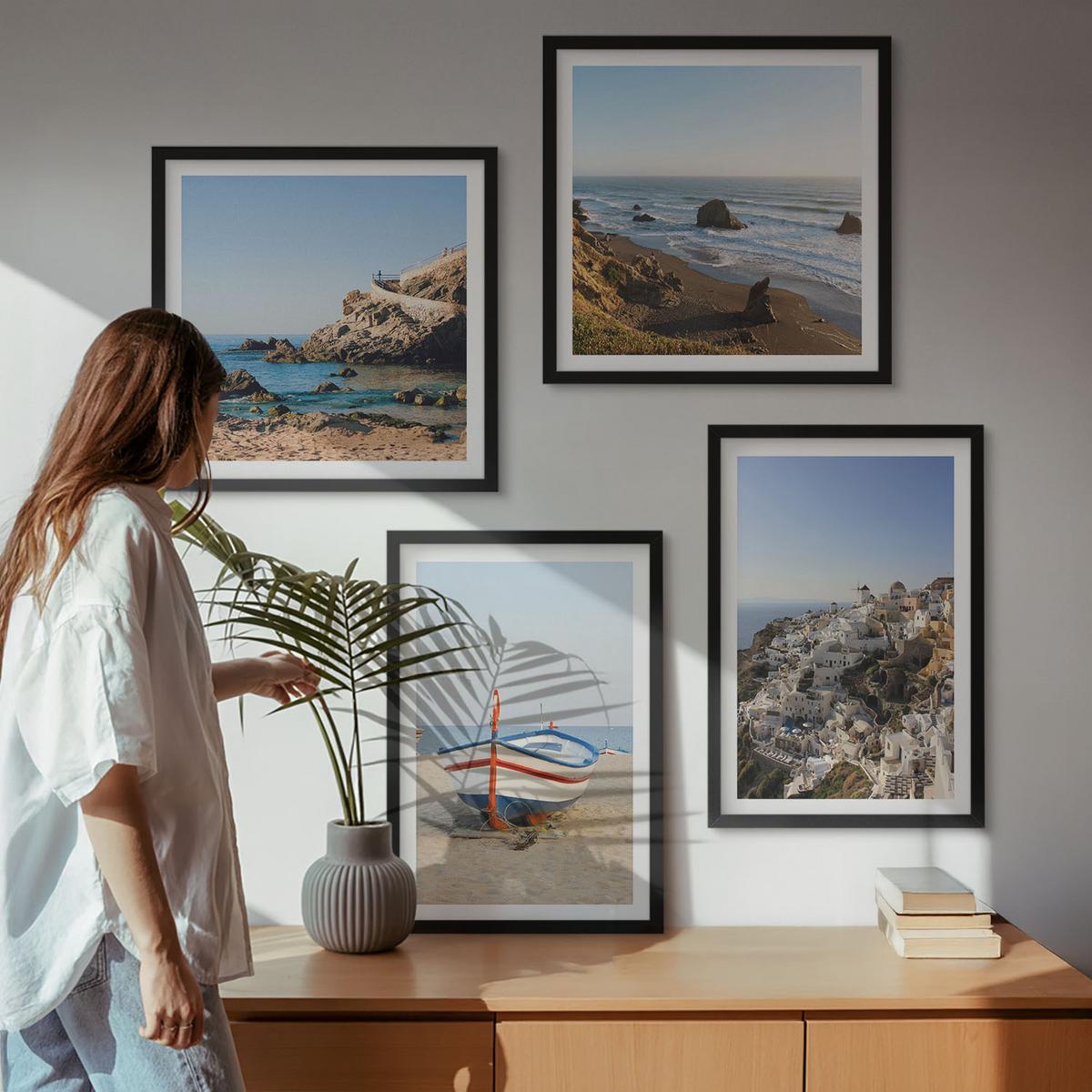 BILDER SET 4er Set - 50x50 cm & 40x60 cm Schwarzer Rahmen - Ansichten von Griechenland, Łódź, Häuser - Schwarz, Kunststoff (50/50cm) - TULUP