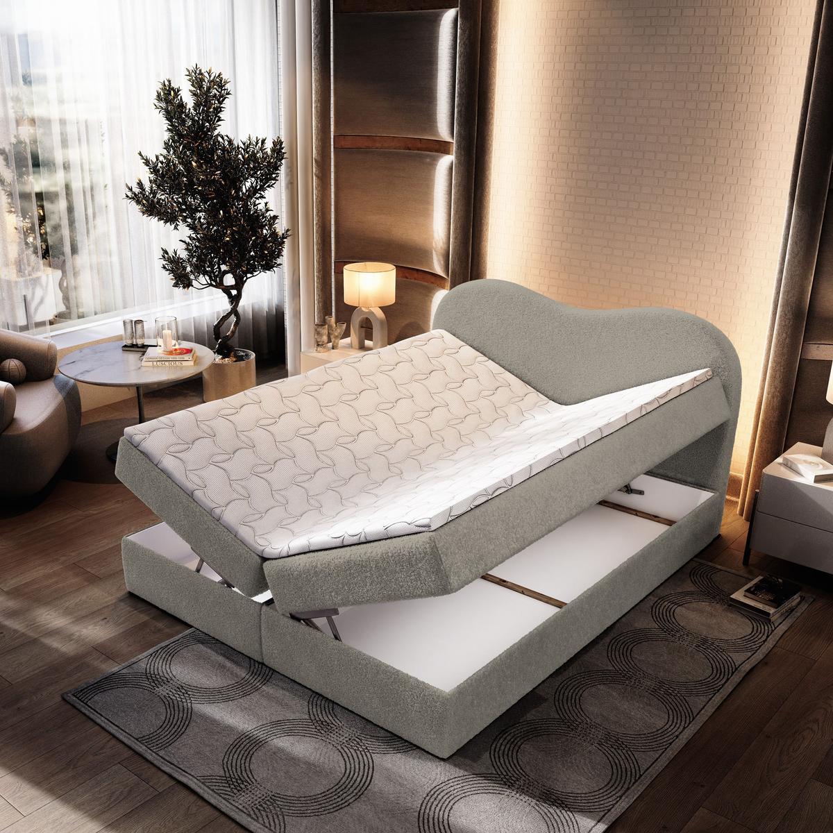 BOXBETT FLUVIA N 160x200 cm mit Matratze und Topper - Hellgrau - Hellgrau, Holz (160/200cm) - MASSENO