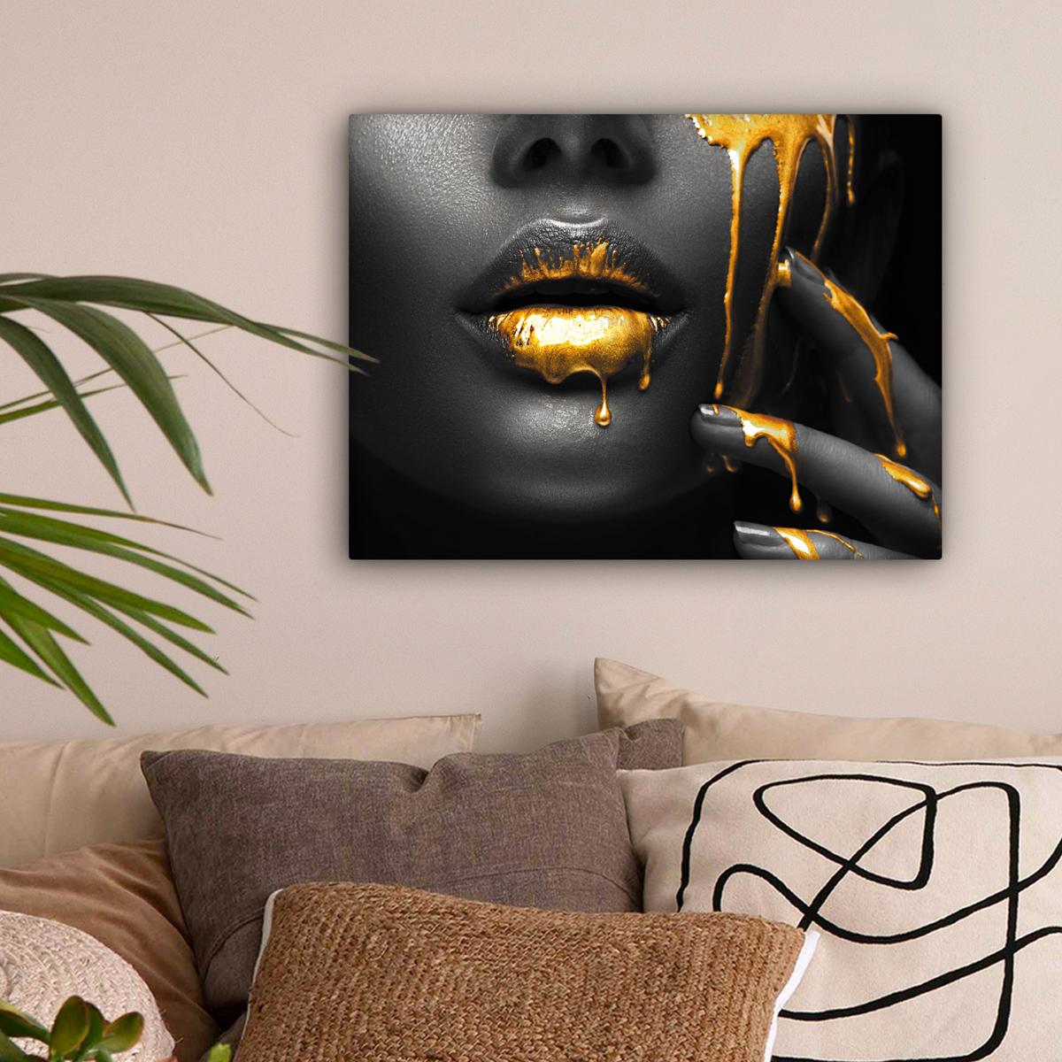 LEINWANDBILD Frau - Schwarz - Gold - Gesicht - Lippen Wandbild 40x30 cm - Goldfarben, Textil (40/30cm) - MuchoWow