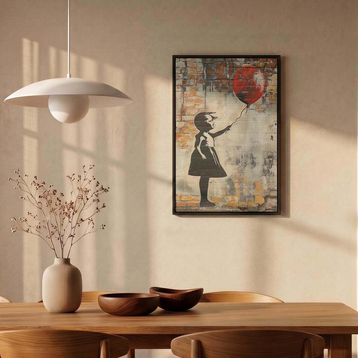LEINWAND Bilder mit Rahmen - Graffiti - Banksy - Mädchen - Straßenkunst - 40x60 - Sandfarben, Textil (40/60cm) - MuchoWow