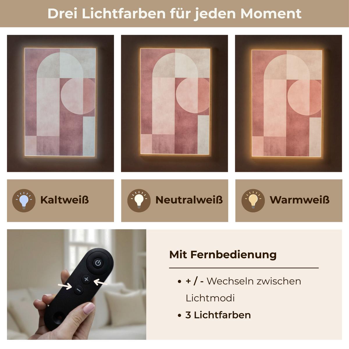 WANDLEUCHTE MIT AKKU Figuren - Abstrakt - Rosa 70x100 cm - Altrosa, Holzwerkstoff (70/100/8cm) - OnlyWow