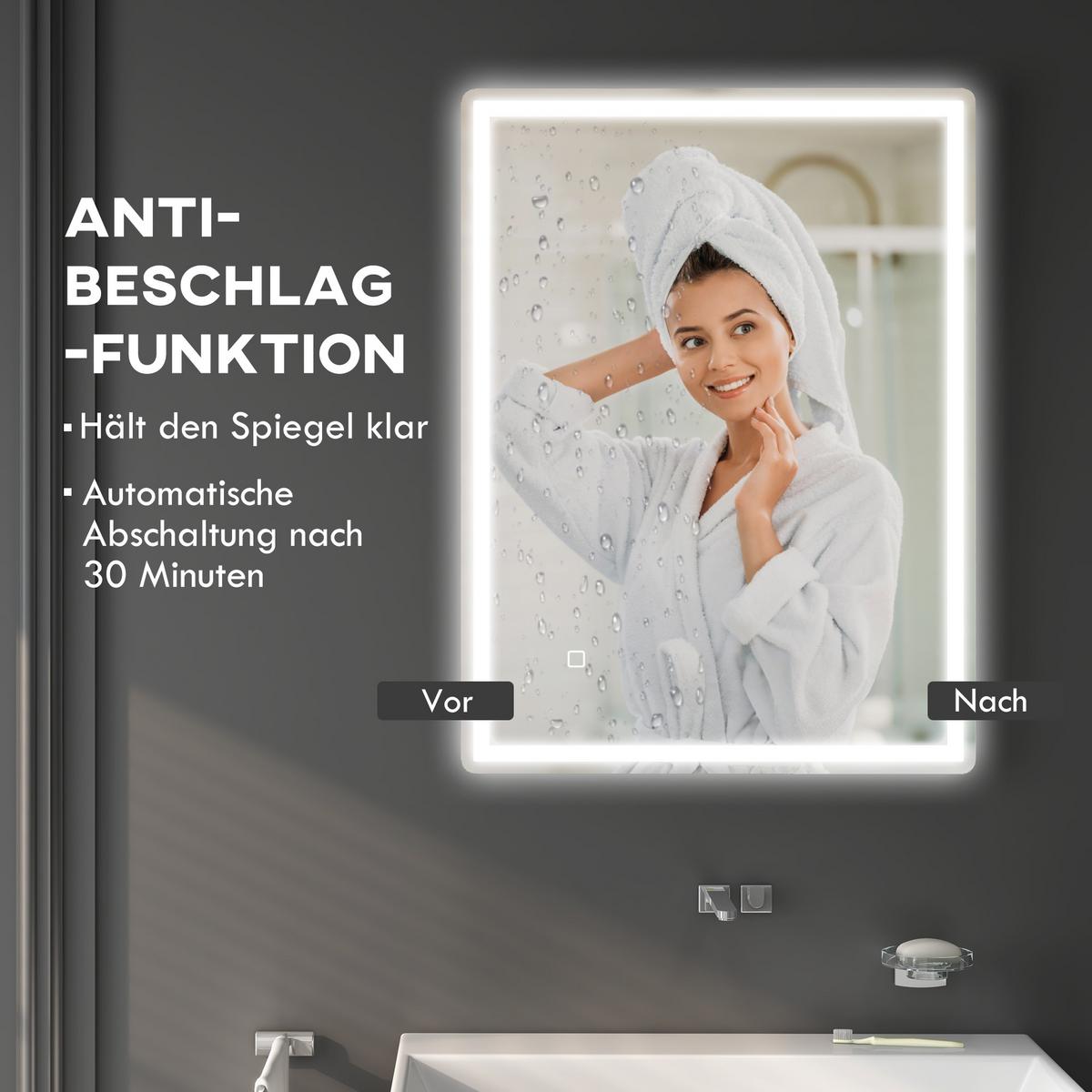 BADSPIEGEL, mit Touchschalter, Memory-Funktion, beschlagfrei, Wasserdicht - Silberfarben, Glas (60/4/80cm) - HOMCOM
