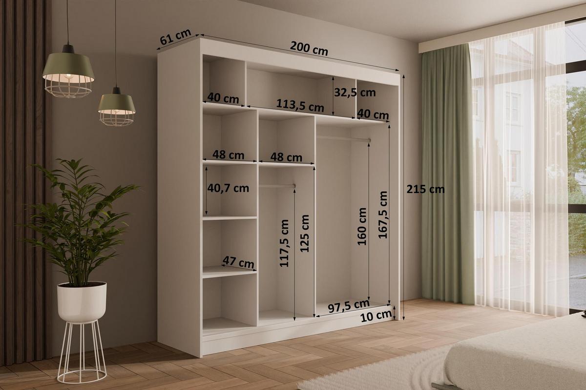 KLEIDERSCHRANK mit Lamel-Schiebetüren VILANv2 - 200 cm Weiß + Lamelle schwarz - Schwarz/Weiß, Holzwerkstoff (200/215/61cm) - ALTDECOR