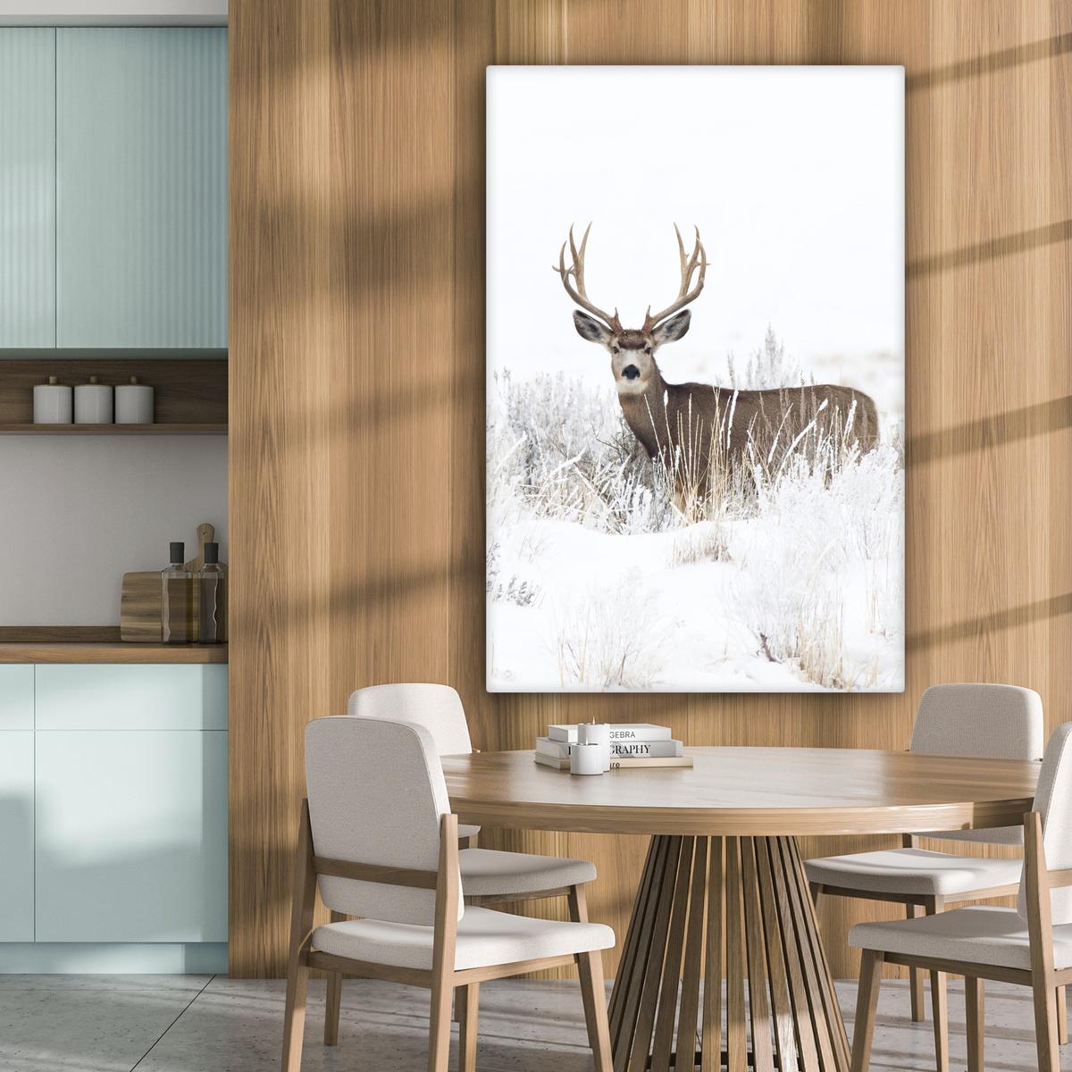 LEINWANDBILD Hirsche - Winter - Schnee - Tiere - Jahreszeiten - Weiß Deko XXL 80x120 cm - Hellbraun, Textil (80/120cm) - MuchoWow