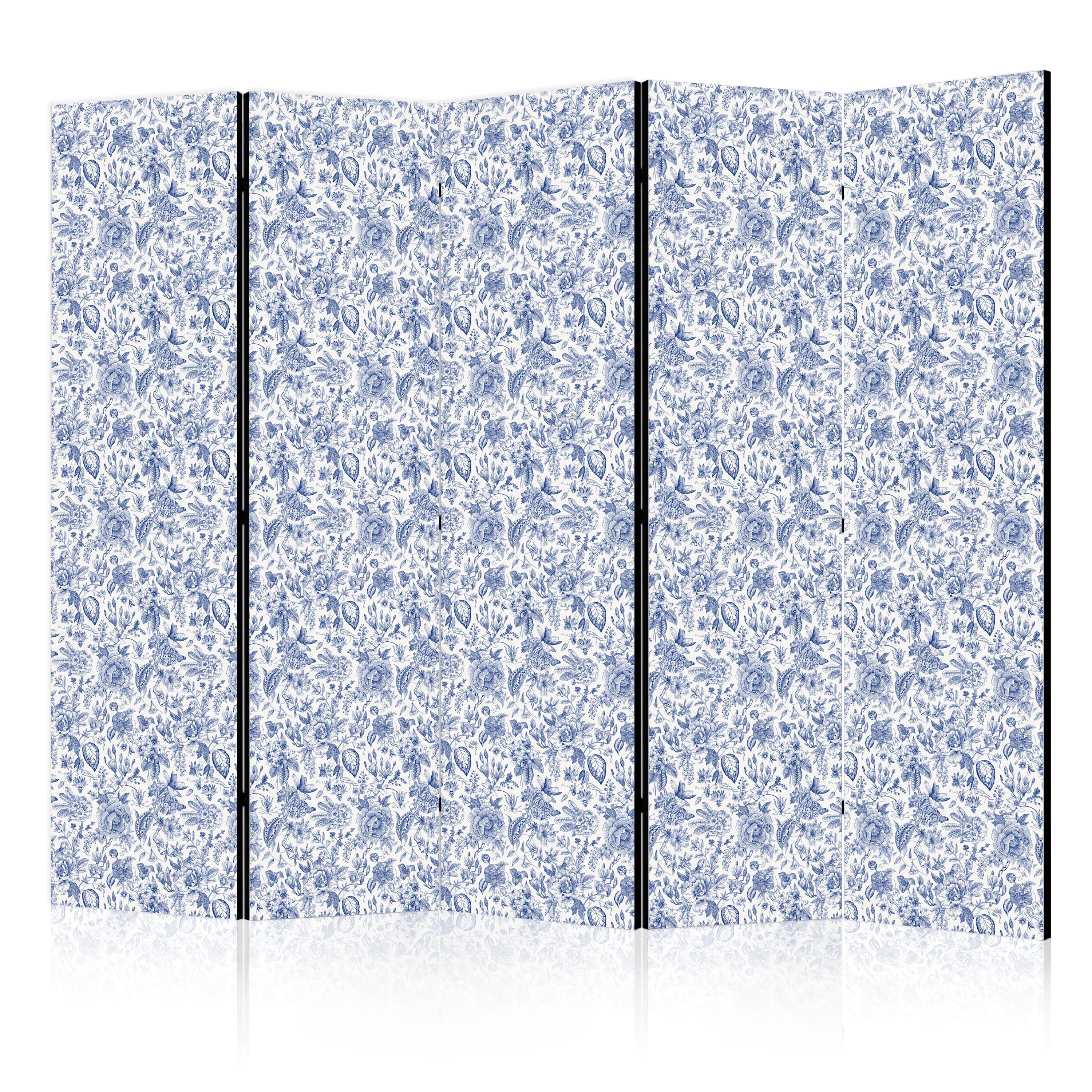 PARAVENT Akustik 5-tlg 225x172 cm Blaue Blumen - Blau, Holz/Textil (225/172/3cm) - Muralo