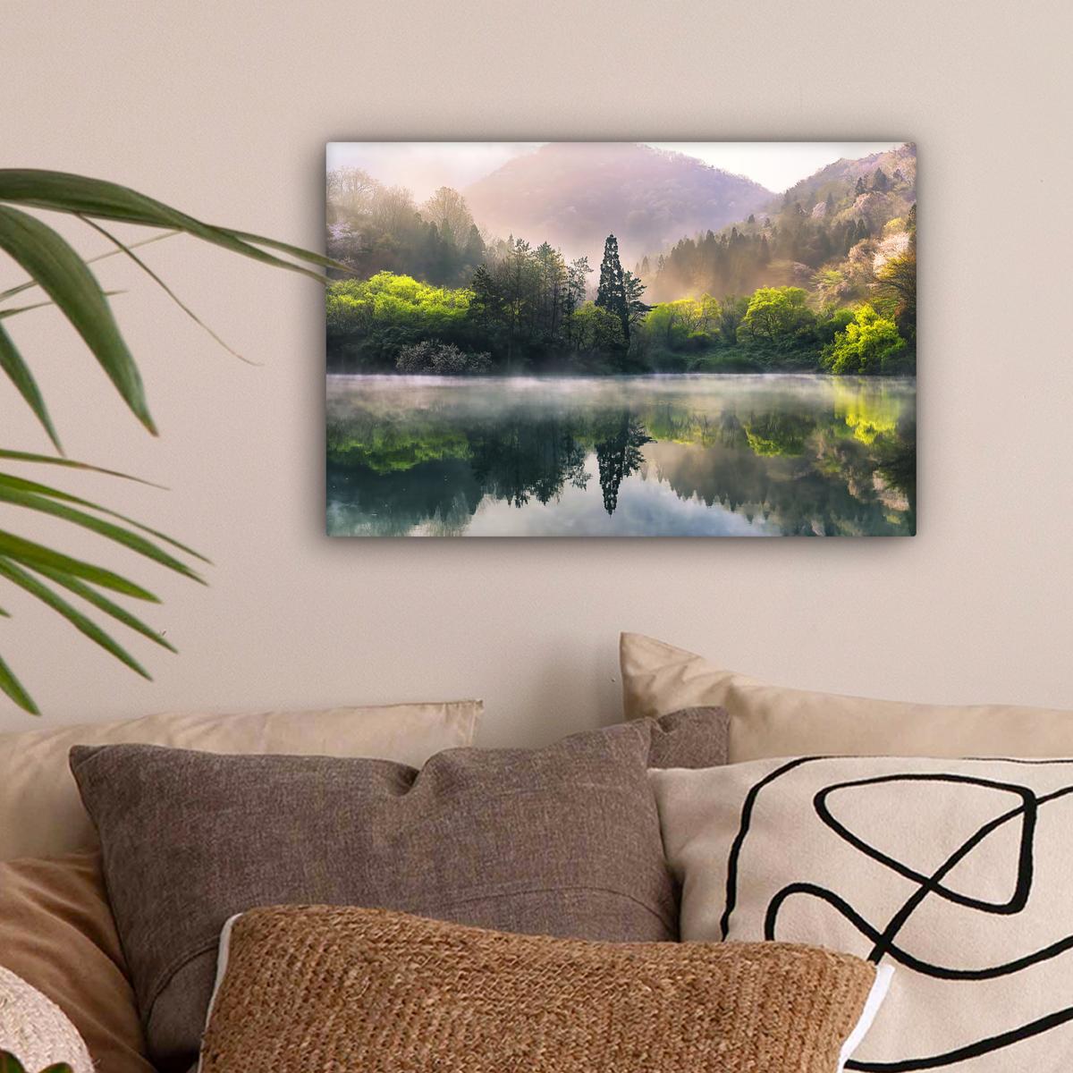 LEINWANDBILD Natur - Bäume - Berge - See - Wasser Deko Schlafzimmer 30x20 cm - Hellgrün, Textil (30/20cm) - MuchoWow