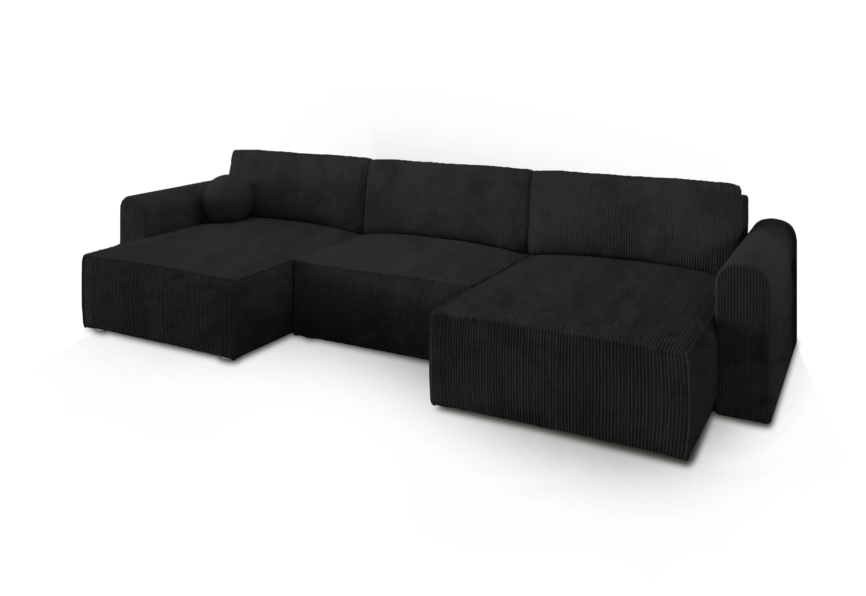 WOHNLANDSCHAFT FENTO P Schwarz Kordstoff mit Schlaffunktion - Schwarz/Grau, Holz/Kunststoff (347/90/148cm) - MASSENO