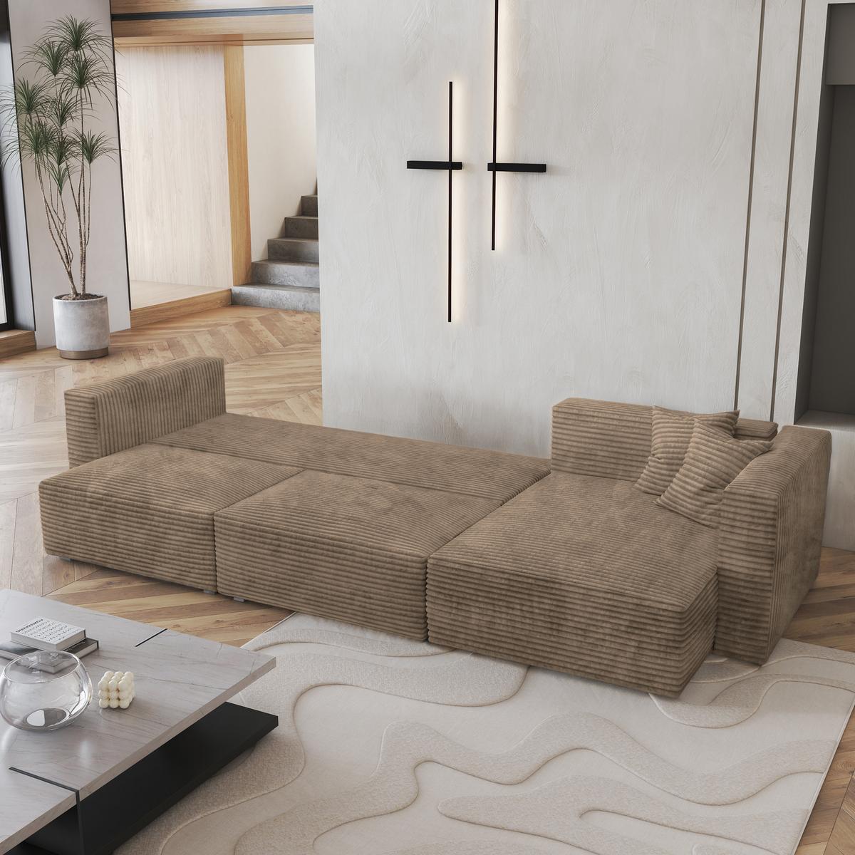 ECKSOFA TOLMO Beige Kordstoff mit Schlaffunktion - Beige/Grau, Holz/Kunststoff (347/148cm) - MASSENO