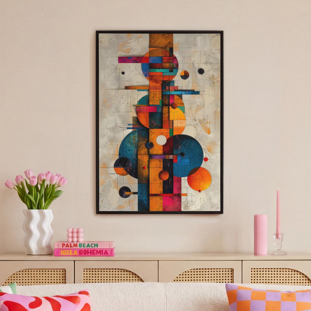 LEINWAND Bilder mit Rahmen - Vintage - Moderne Kunst - Orange - Geometrische Formen - 60x90 - Multicolor, Textil (60/90cm) - MuchoWow