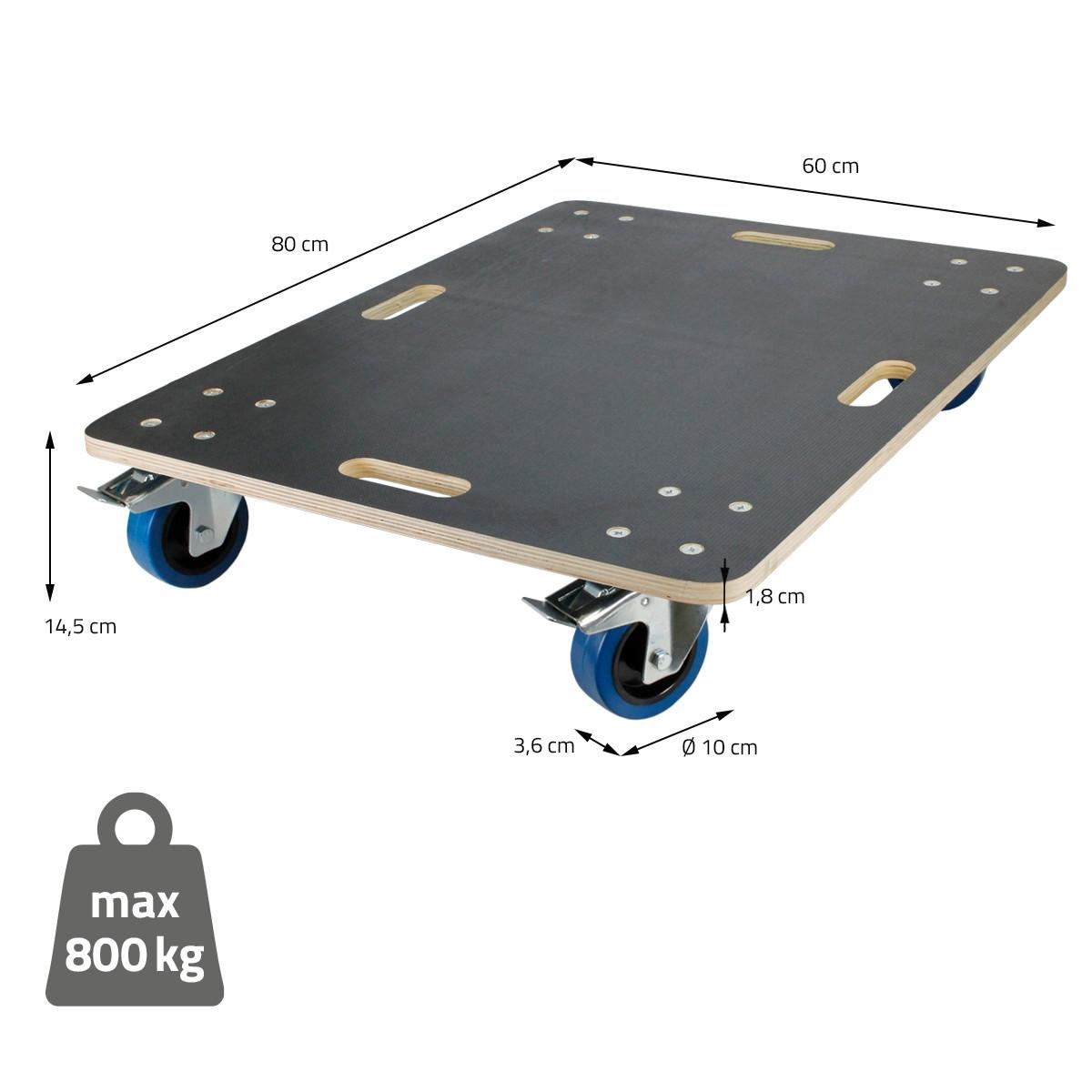 TRANSPORTROLLER 2er Set mit 4 Rollen 2 mit Bremsen 60x80 cm Traglast 800kg Siebdruck Holzplatte Black - Dunkelgrau, Holzwerkstoff (80/60/14.5cm) - ECD-Germany
