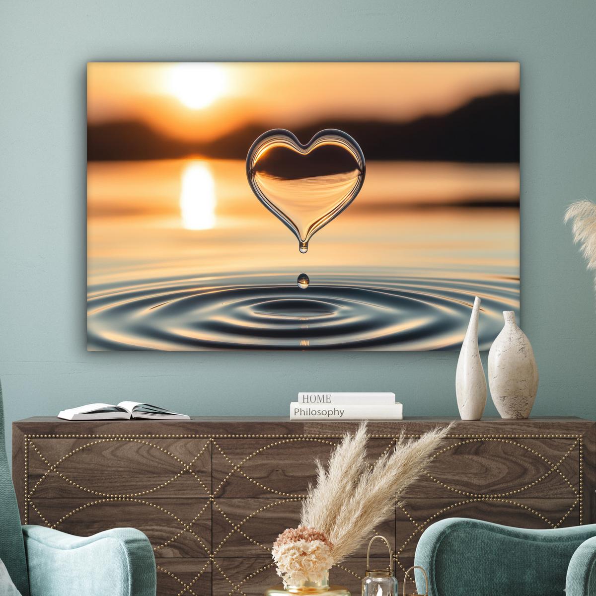 LEINWANDBILD Herz - Wasser - Sonnenuntergang - Natur - Zen Wohnzimmer Groß 120x80 cm - Bernsteinfarben, Textil (120/80cm) - MuchoWow