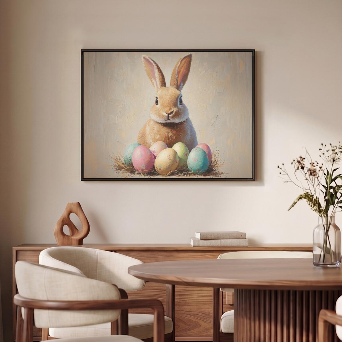 LEINWAND Bilder mit Rahmen - Osterhase - Pastell - Eier - 70x50 - Beige, Textil (70/50cm) - MuchoWow