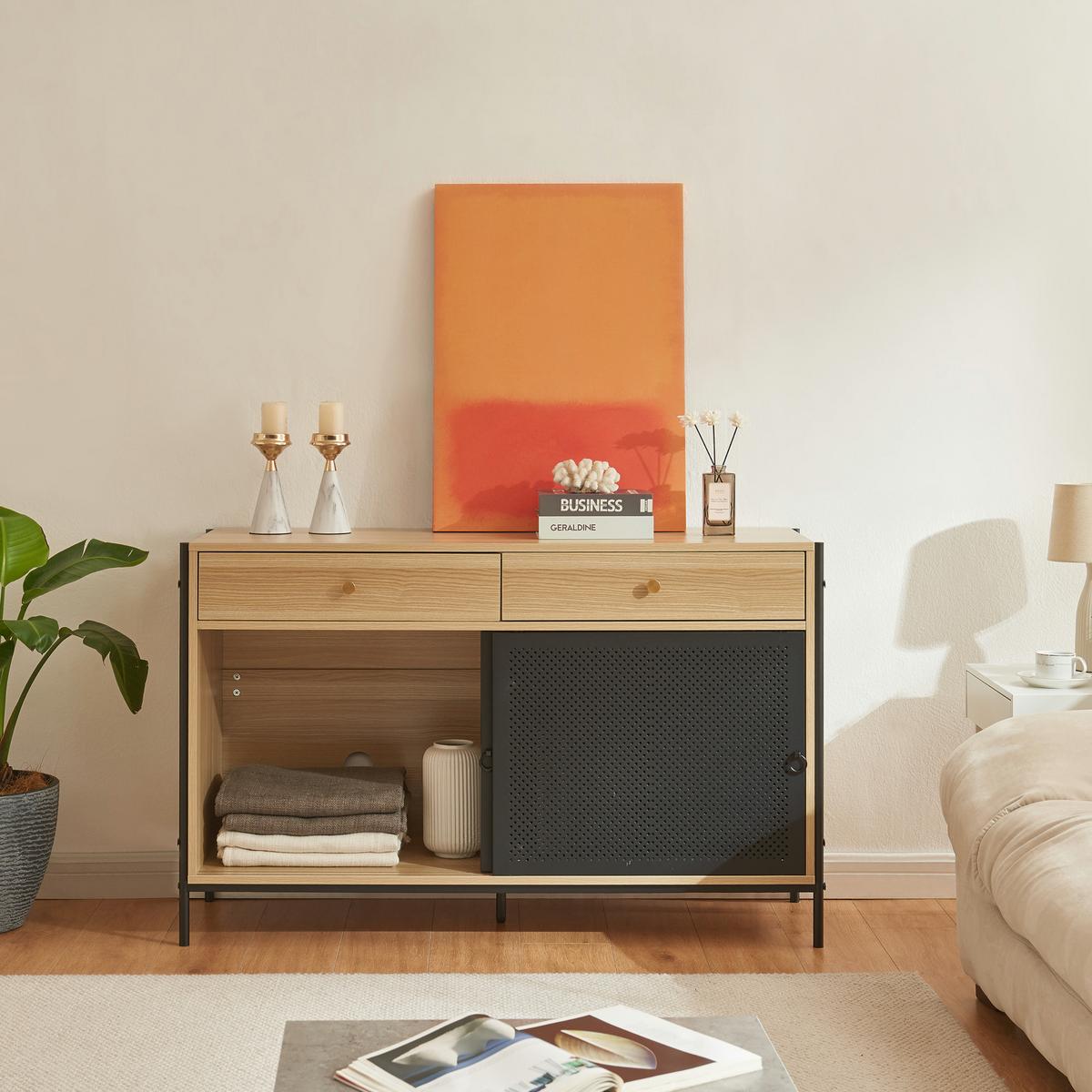 FERNSEHSCHRANK Tysnes - Eichefarben/Schwarz, Holzwerkstoff/Metall (40/75/120cm) - [en.casa]