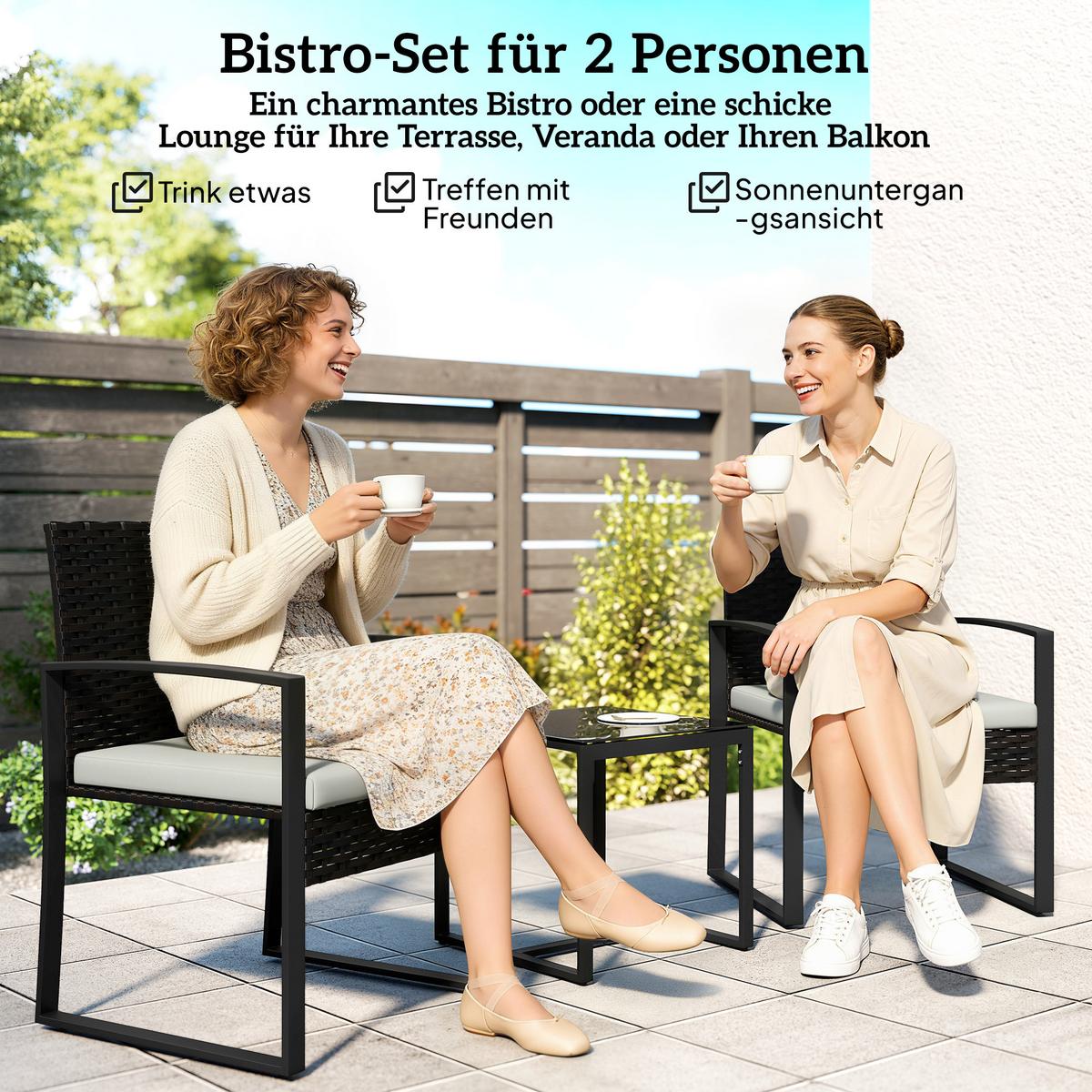 BISTROSET 3 TLG. aus PE-Rattan, Cremeweiß - Creme/Schwarz, Textil/Metall - Outsunny