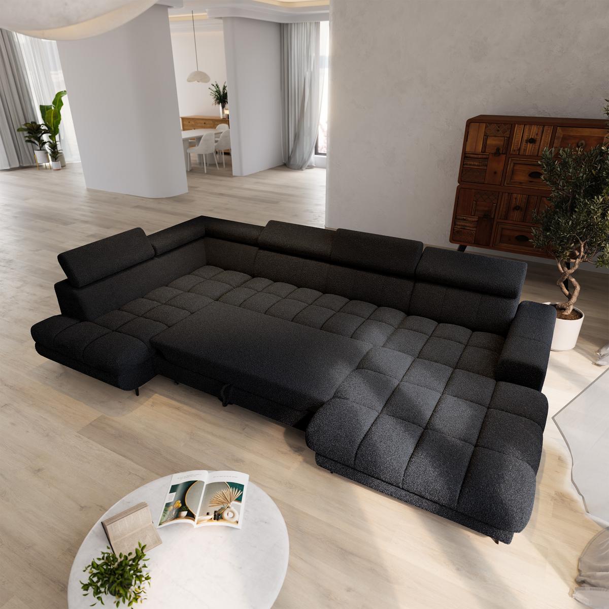 WOHNLANDSCHAFT CORENO Schwarz Boucle-Stoff mit Schlaffunktion - Schwarz, Holz (345/88/190cm) - MASSENO