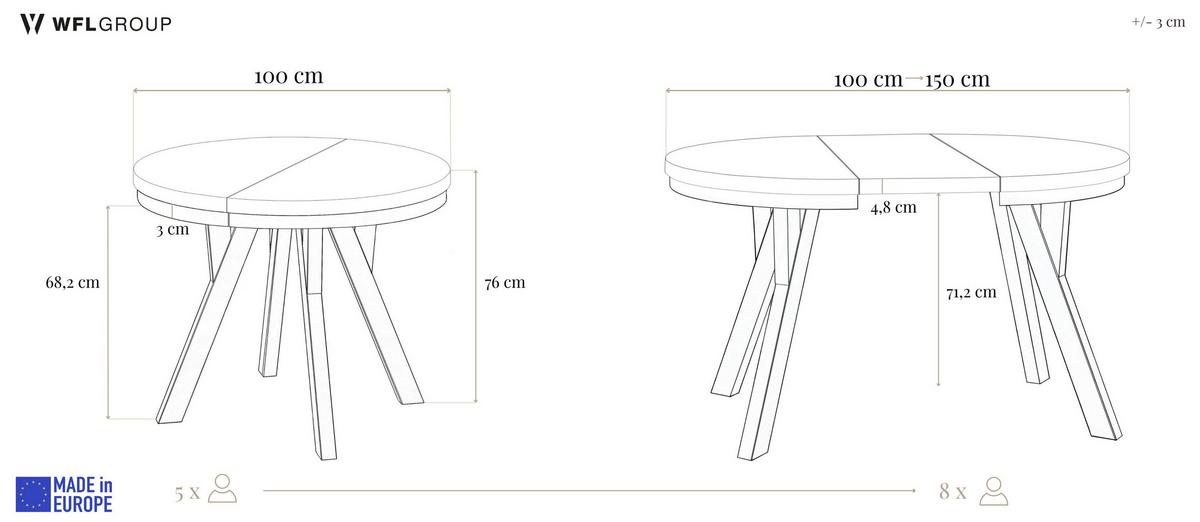 ESSTISCH Lume runder ausziehbarer, Grauer Beton 100-150/100/76 cm - Hellgrau/Schwarz, Holz/Holzwerkstoff (100/150/76cm) - WFL GROUP