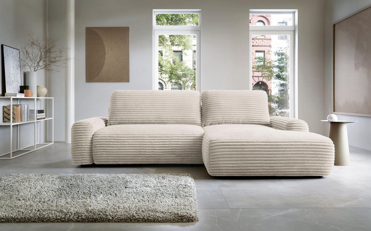 ECKSOFA OSSO Creme Velours-Stoff mit Schlaffunktion - Creme, Holz (264/162cm) - MASSENO