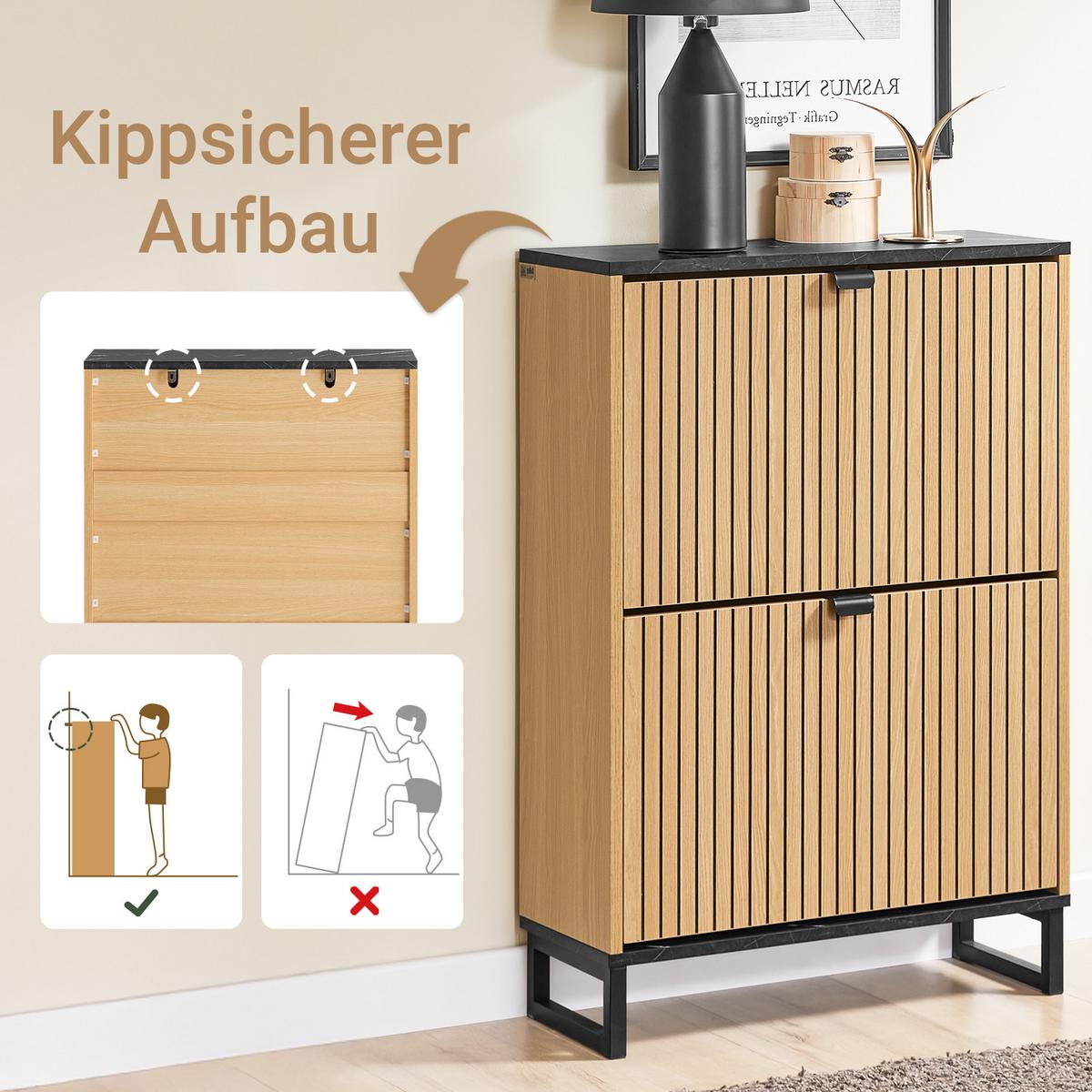 SCHUHSCHRANK Holzoptik & Schwarz mit Marmor - Naturfarben, Holzwerkstoff (60/88/24cm) - SoBuy